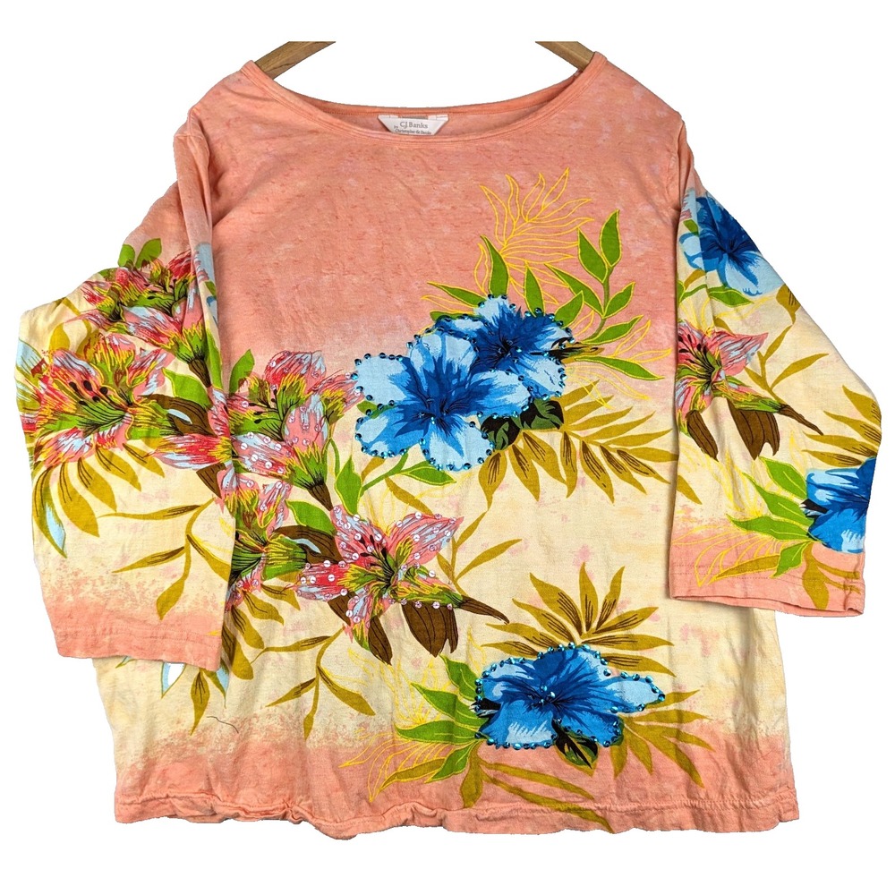 CJ Banks Tunic Top Womens 1XL Sequins Floral Tropical 3/4 Sleeve Knit Art